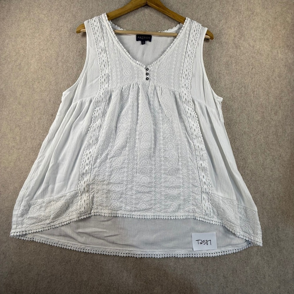Artesia Womens Large White Eyelet Lace Crinkle Gauze Sleeveless Boho V-Neck Top